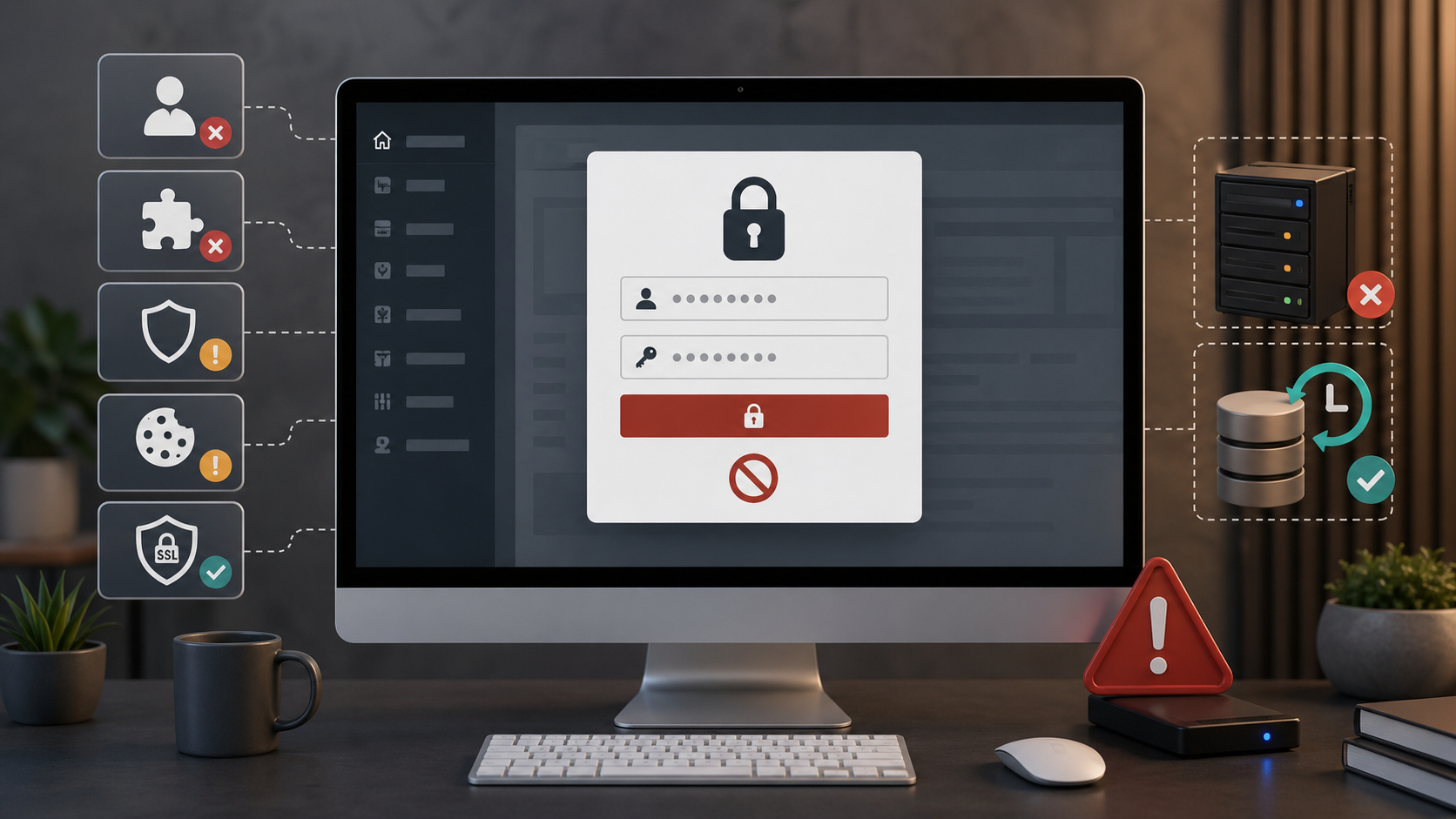 Écran d’accès admin WordPress bloqué avec indicateurs de sécurité, compte, SSL, plugin et hébergement.