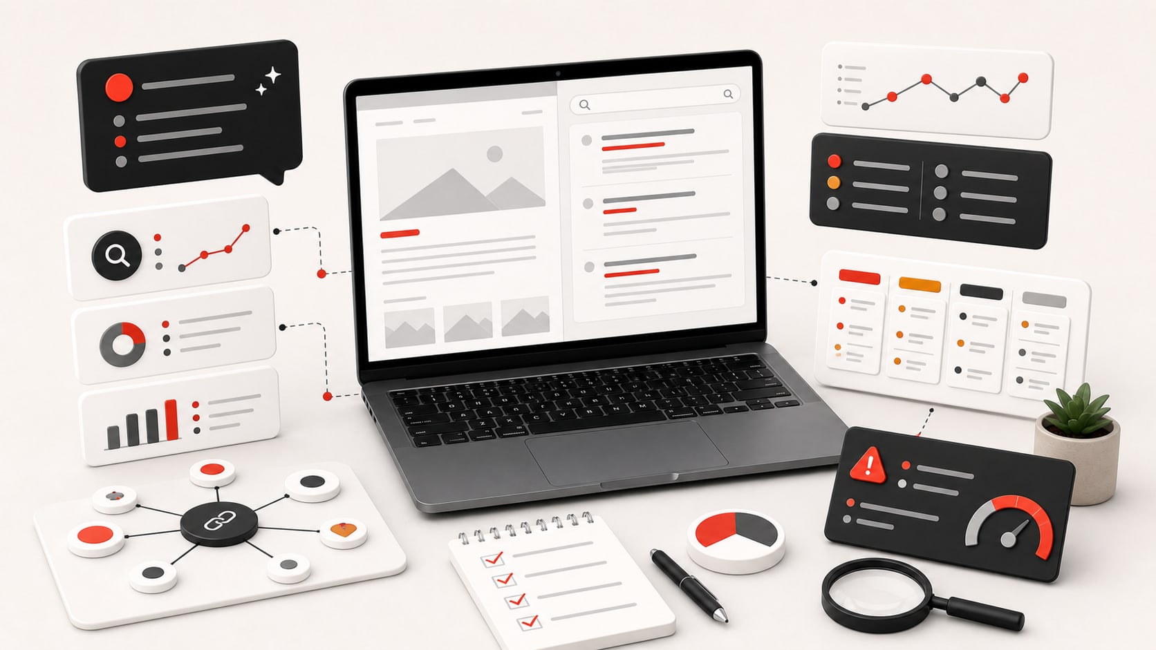 Analyse SEO assistée par IA avec page web, résultats de recherche, maillage interne, graphiques, checklist et panneau de risque.