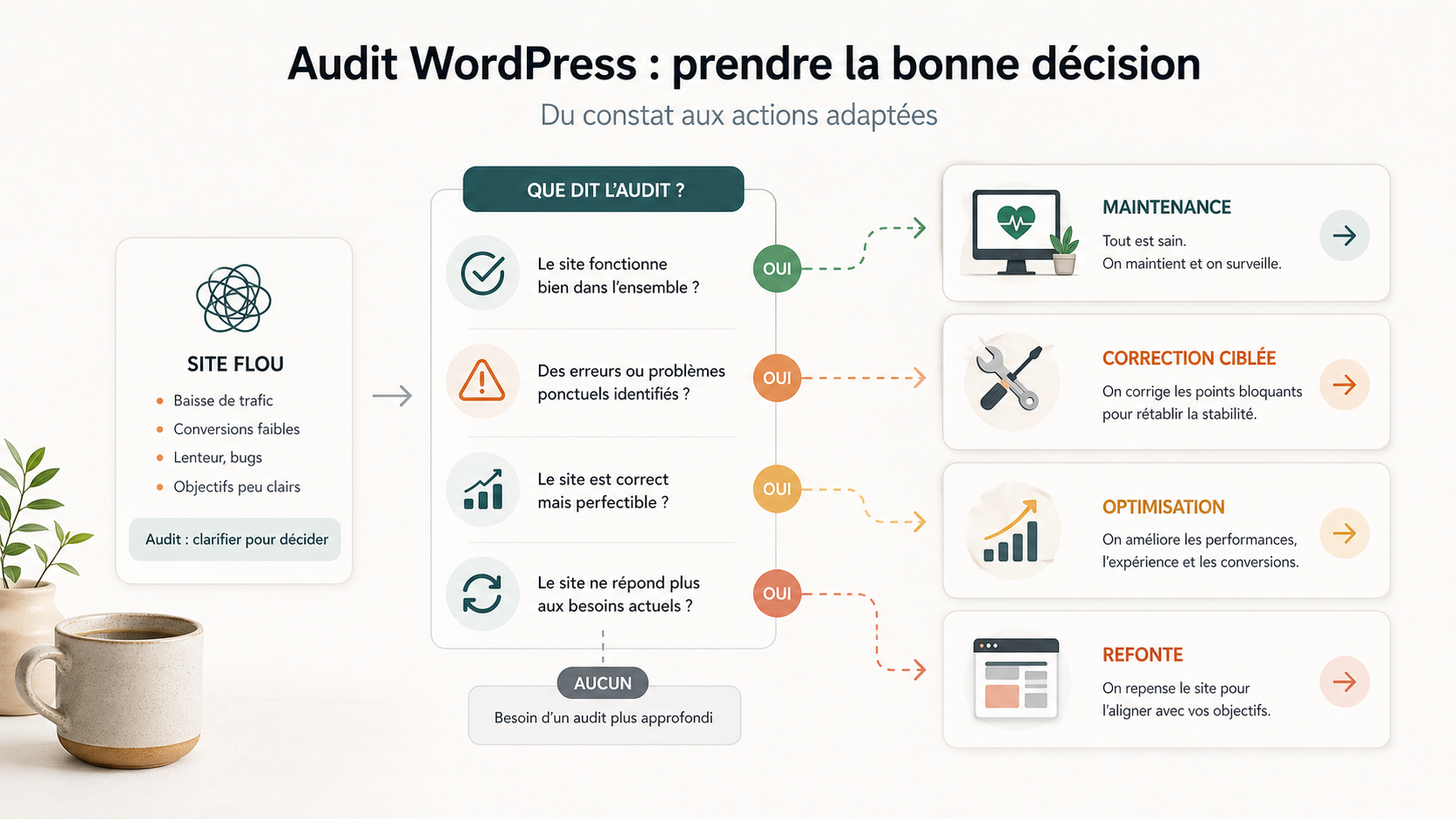 Schéma de décision après audit WordPress : maintenance, correction ciblée, optimisation ou refonte.