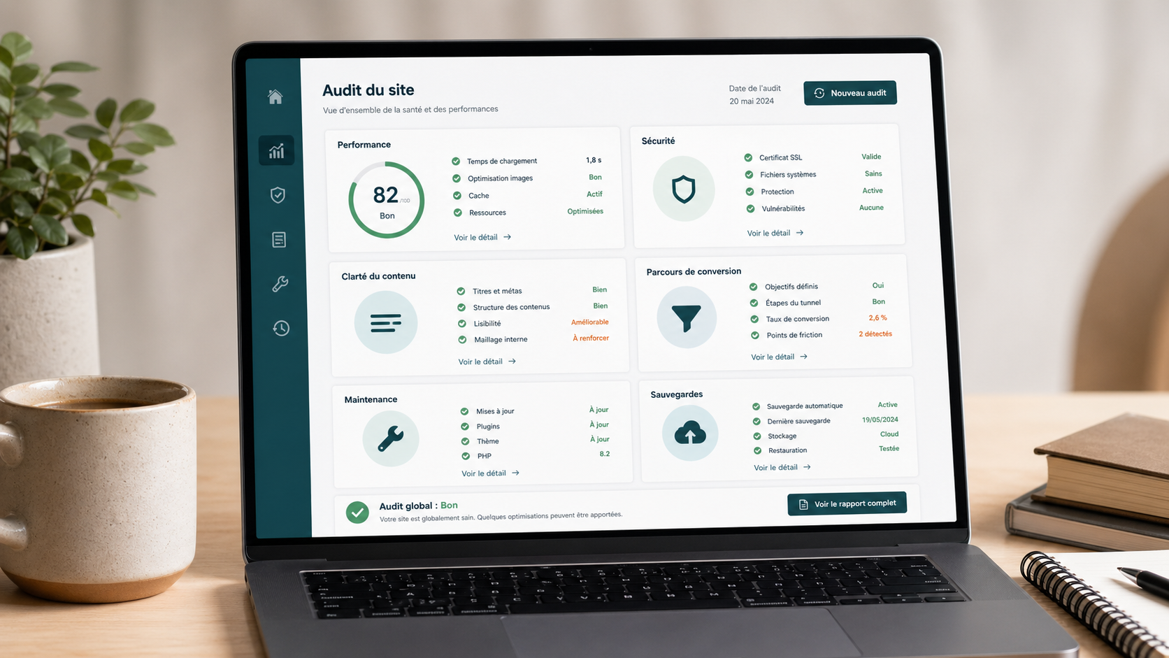 Tableau d’analyse d’un site WordPress avec indicateurs de performance, sécurité, contenu et maintenance.
