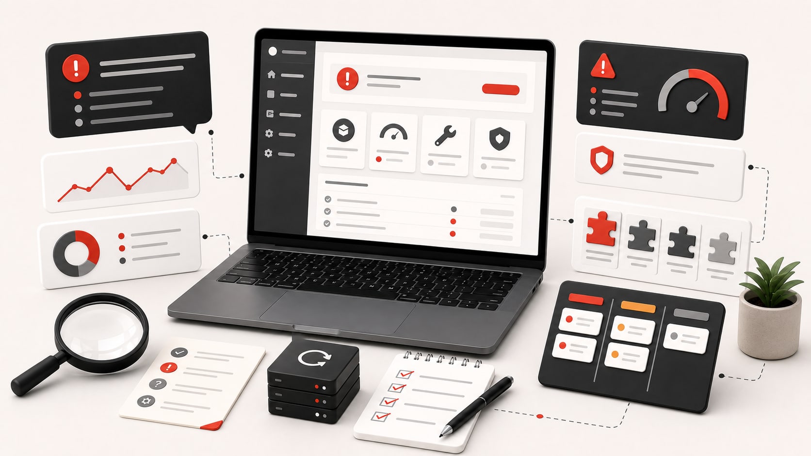Diagnostic WordPress assisté par IA avec tableau de bord générique, cartes d'erreur, plugins, sauvegarde, checklist et panneau de risque.