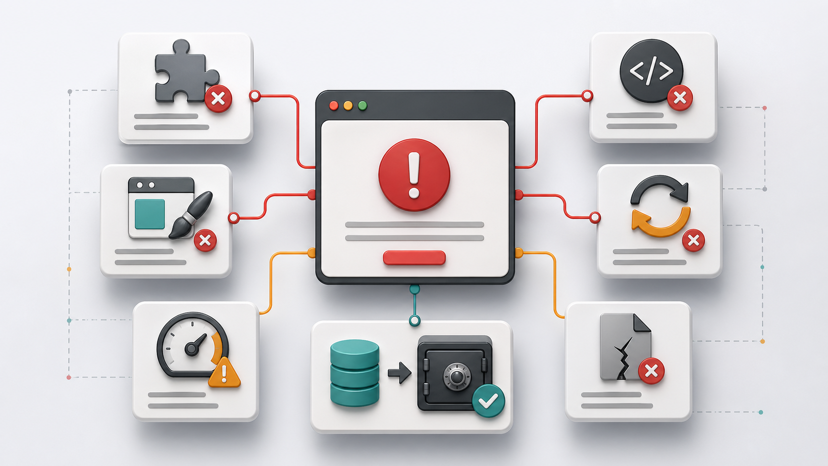 Schéma des causes possibles d’une erreur critique WordPress : plugin, thème, PHP, mise à jour, mémoire, fichier et sauvegarde.