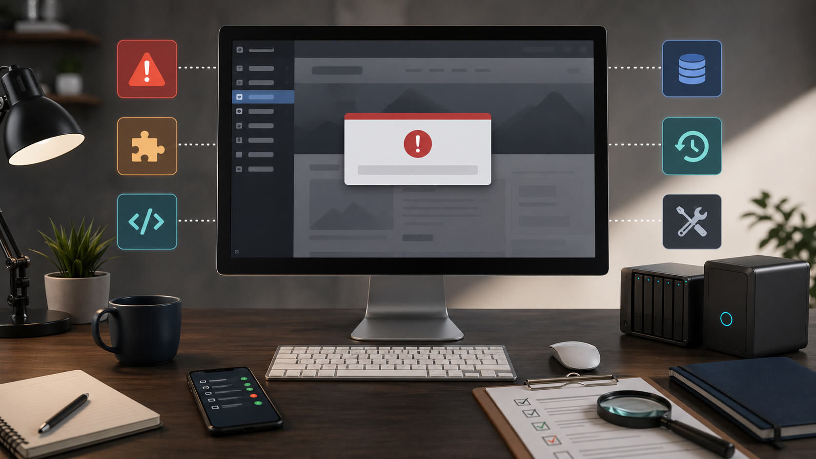 Site WordPress affichant une erreur critique avec indicateurs de diagnostic, plugin, thème, PHP et sauvegarde.