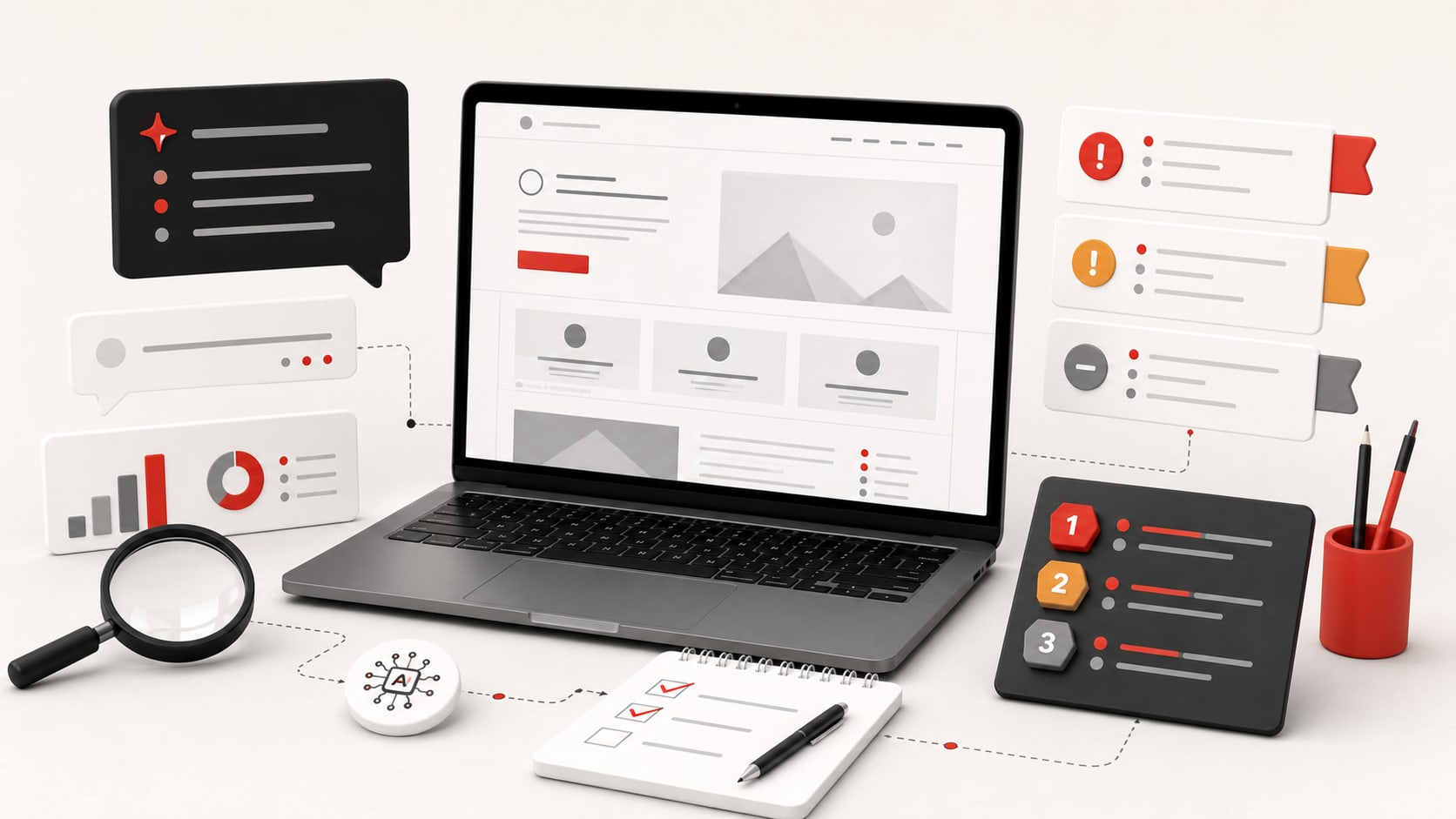 Audit de site internet assisté par IA avec ordinateur, checklist, cartes de diagnostic et priorisation des recommandations.