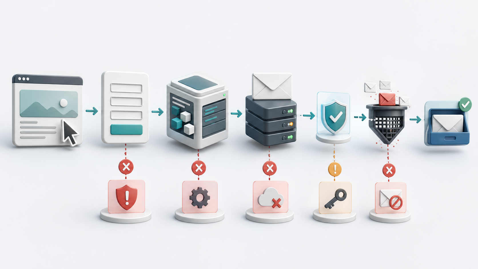 Schéma du trajet d’un message de formulaire WordPress entre le visiteur, le site, l’hébergement, le filtrage email et la boîte de réception.