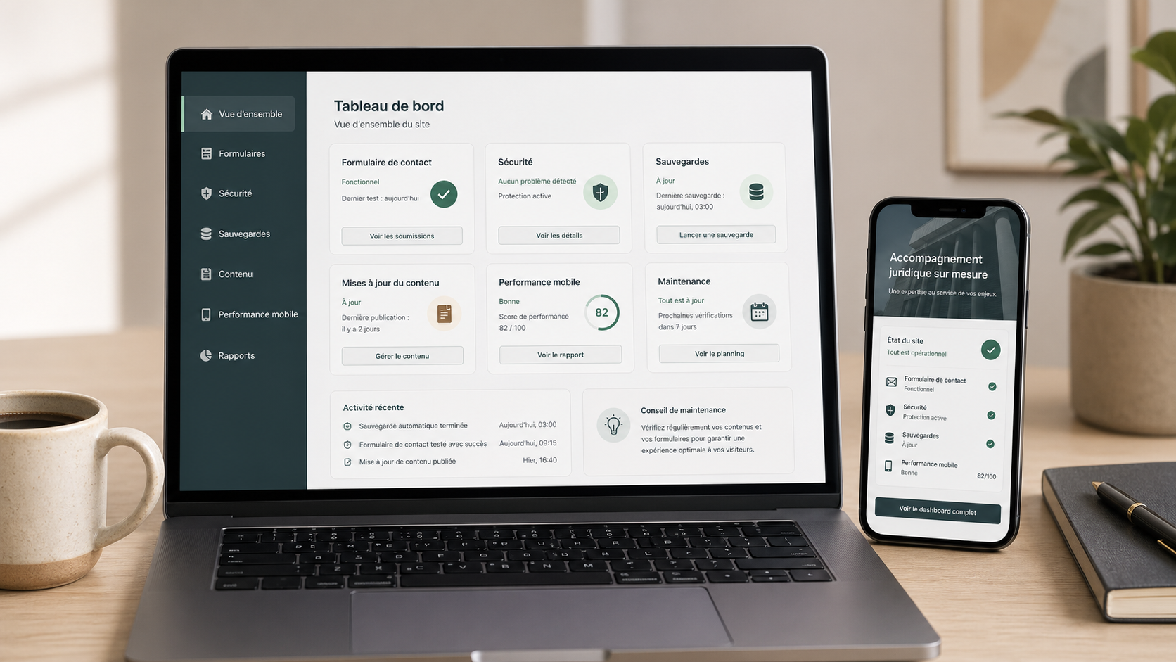 Site internet de cabinet d’avocat avec indicateurs de maintenance, formulaire, sécurité et sauvegardes.