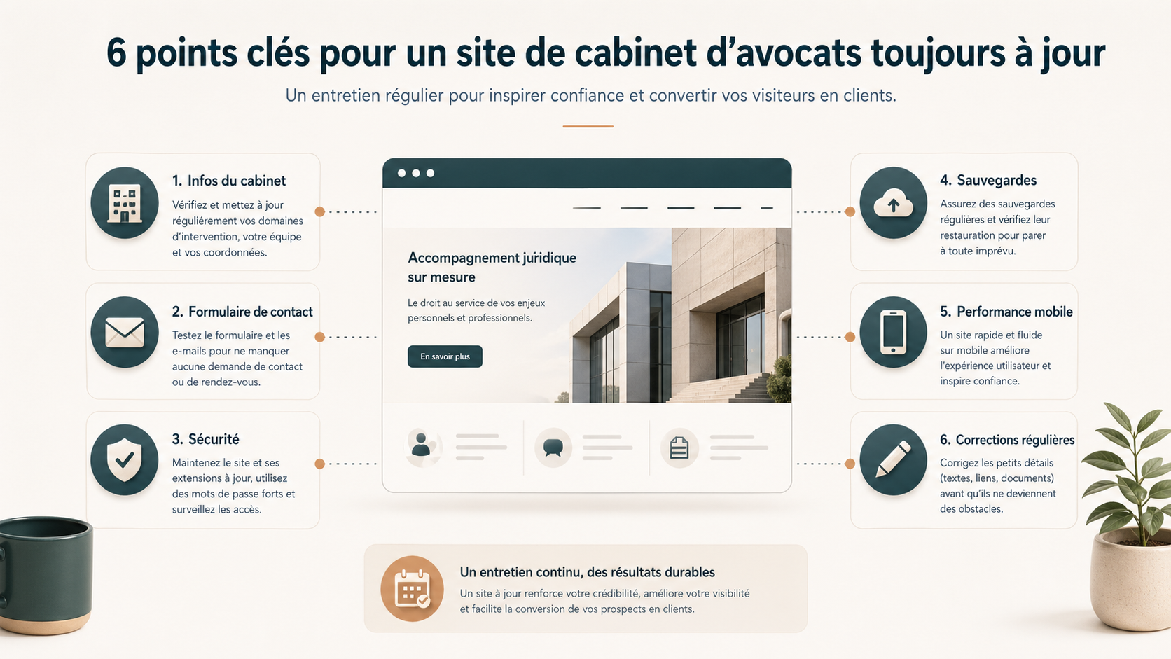 Schéma des points à surveiller pour la maintenance d’un site avocat : informations, formulaire, sécurité, sauvegardes, performance et corrections.