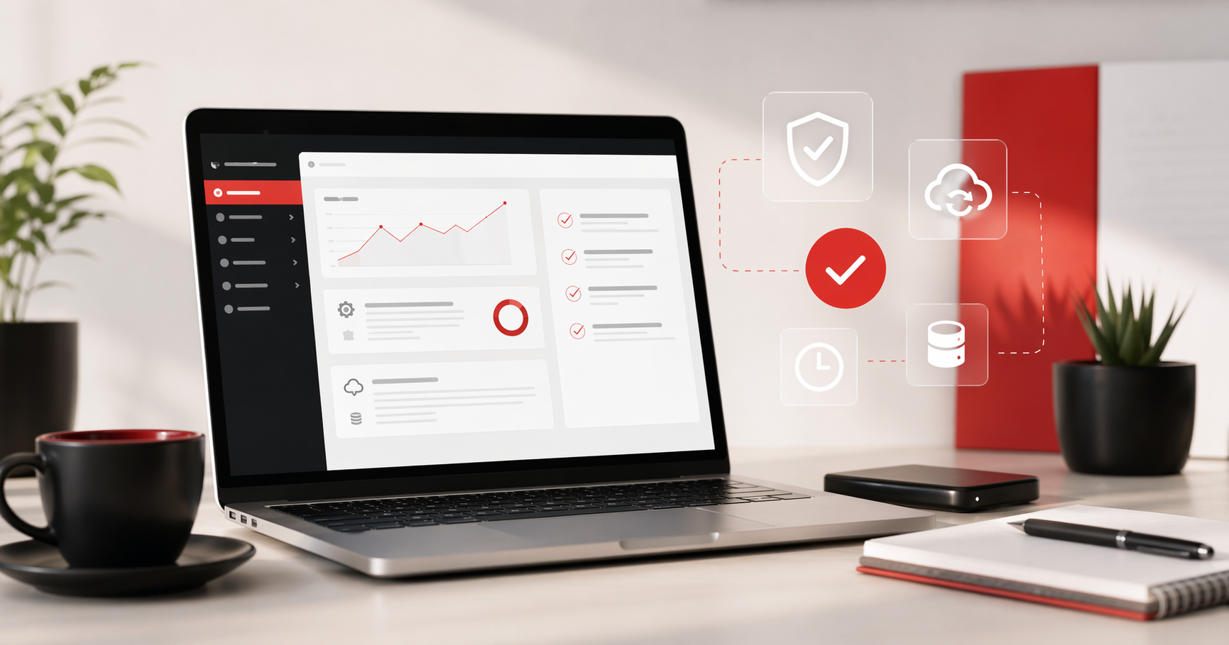 Bureau professionnel avec tableau de bord WordPress, checklist de maintenance et indicateurs de sécurité.