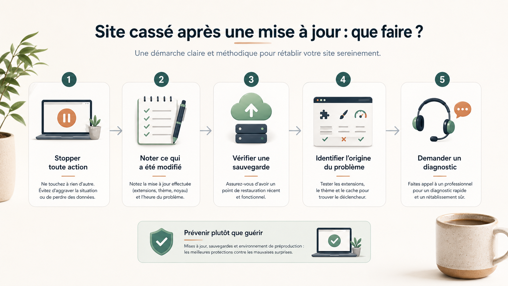 Schéma des actions à suivre après une mise à jour WordPress qui casse un site : arrêter, vérifier, sauvegarder, diagnostiquer.
