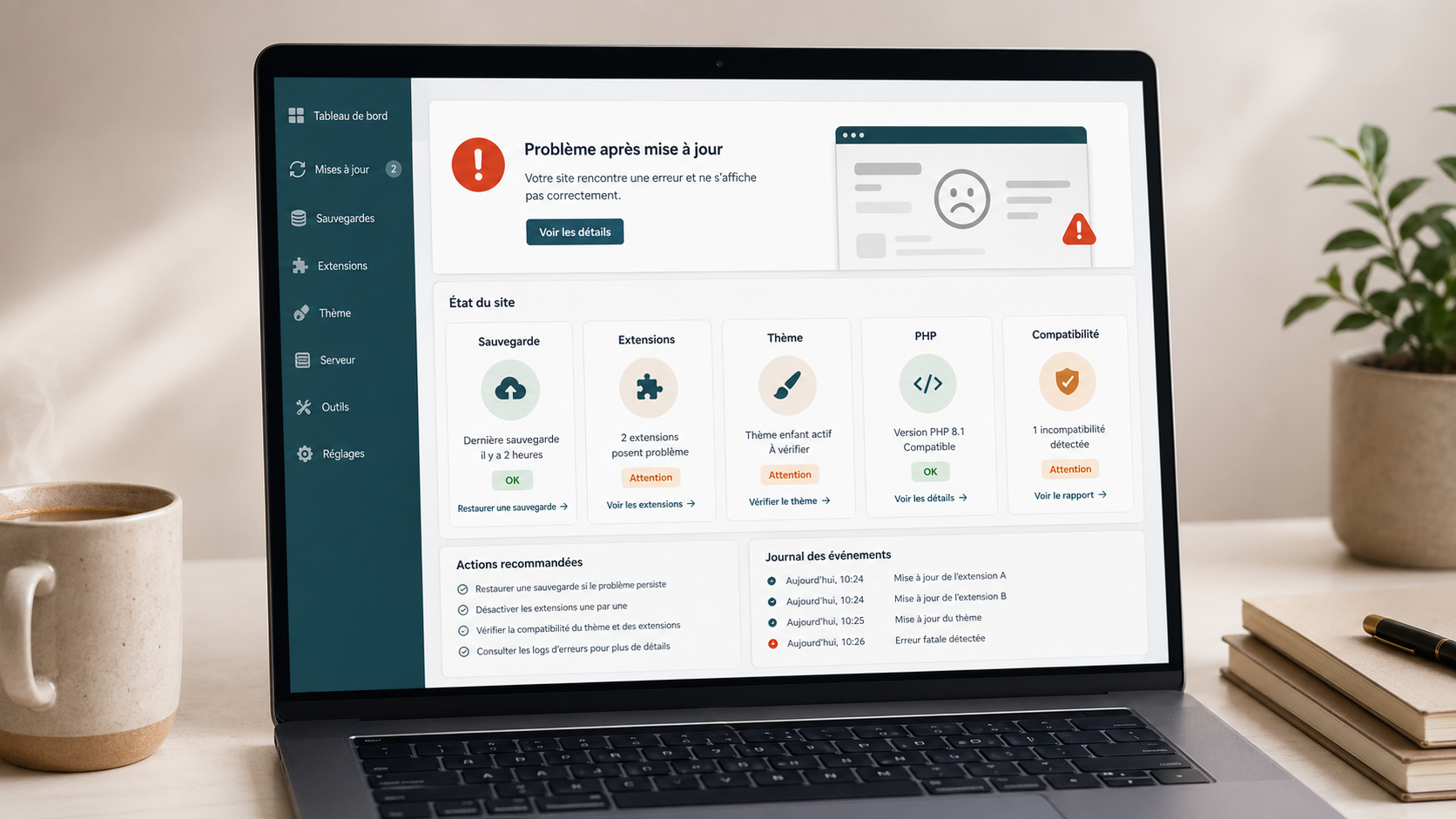 Écran de site WordPress affichant une erreur après une mise à jour, avec indicateurs de sauvegarde, extension et thème.