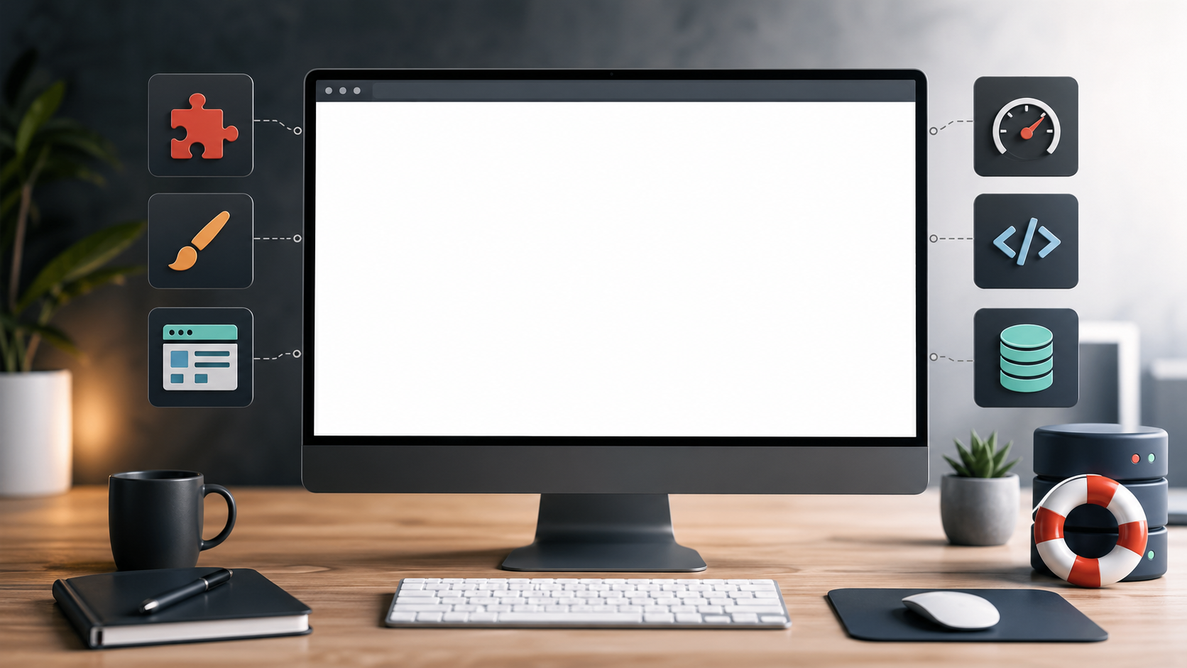 Site WordPress affichant une page blanche avec indicateurs de diagnostic, extension, thème, PHP, cache et sauvegarde.