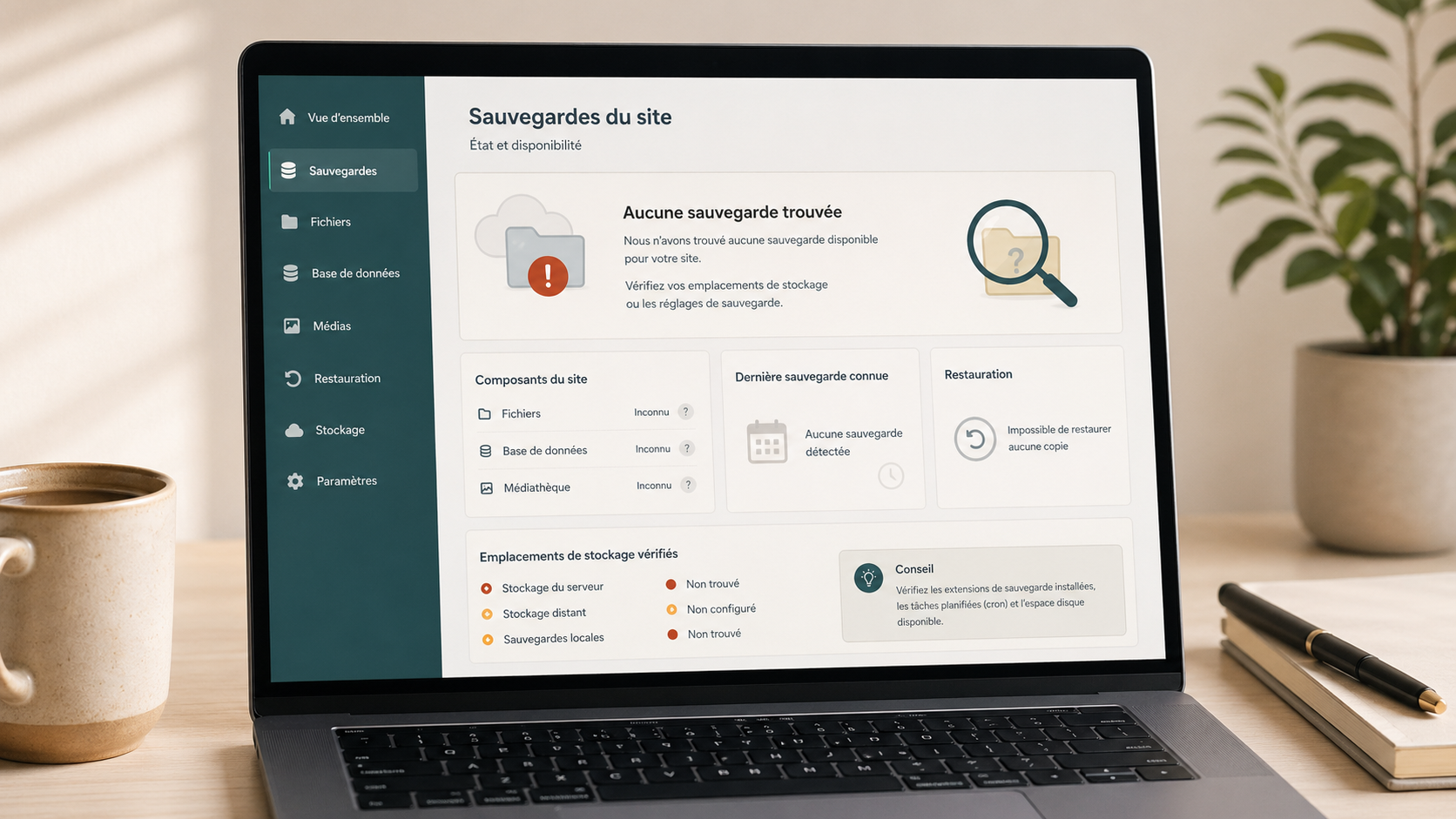 Tableau de bord WordPress avec sauvegarde introuvable, fichiers, base de données et état de restauration.