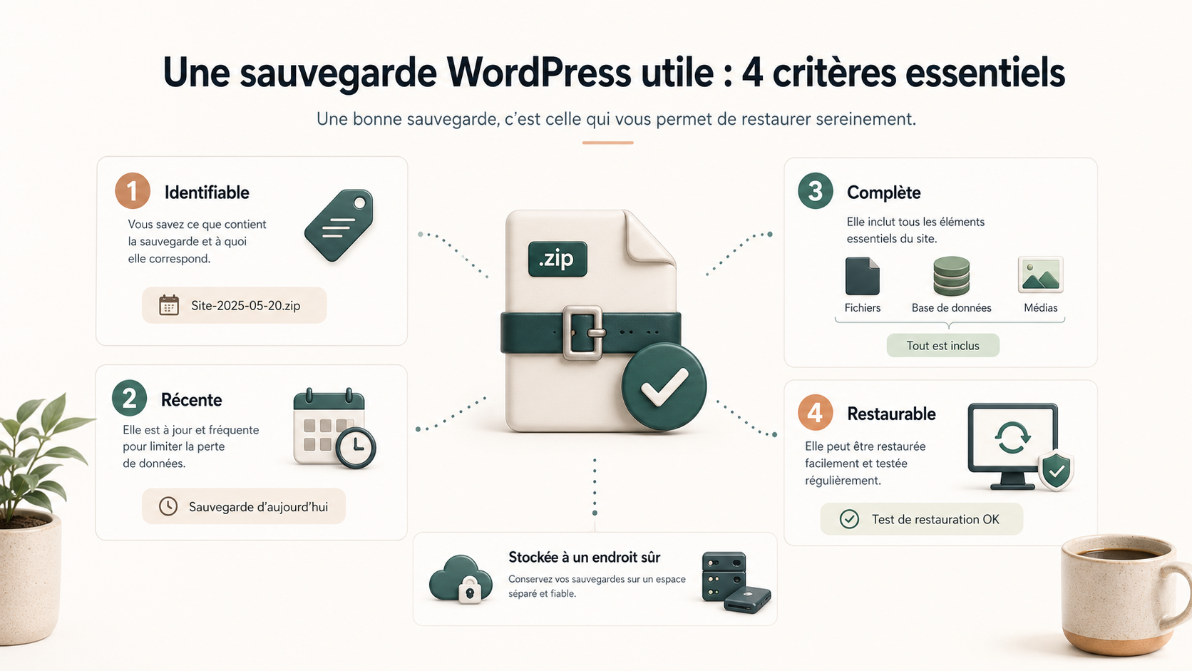 Schéma des critères d’une sauvegarde WordPress utile : identifiable, récente, complète et restaurable.