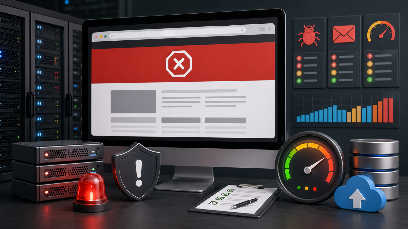 Site WordPress bloqué par l’hébergeur avec indicateurs de malware, spam, ressources, sécurité et sauvegarde.