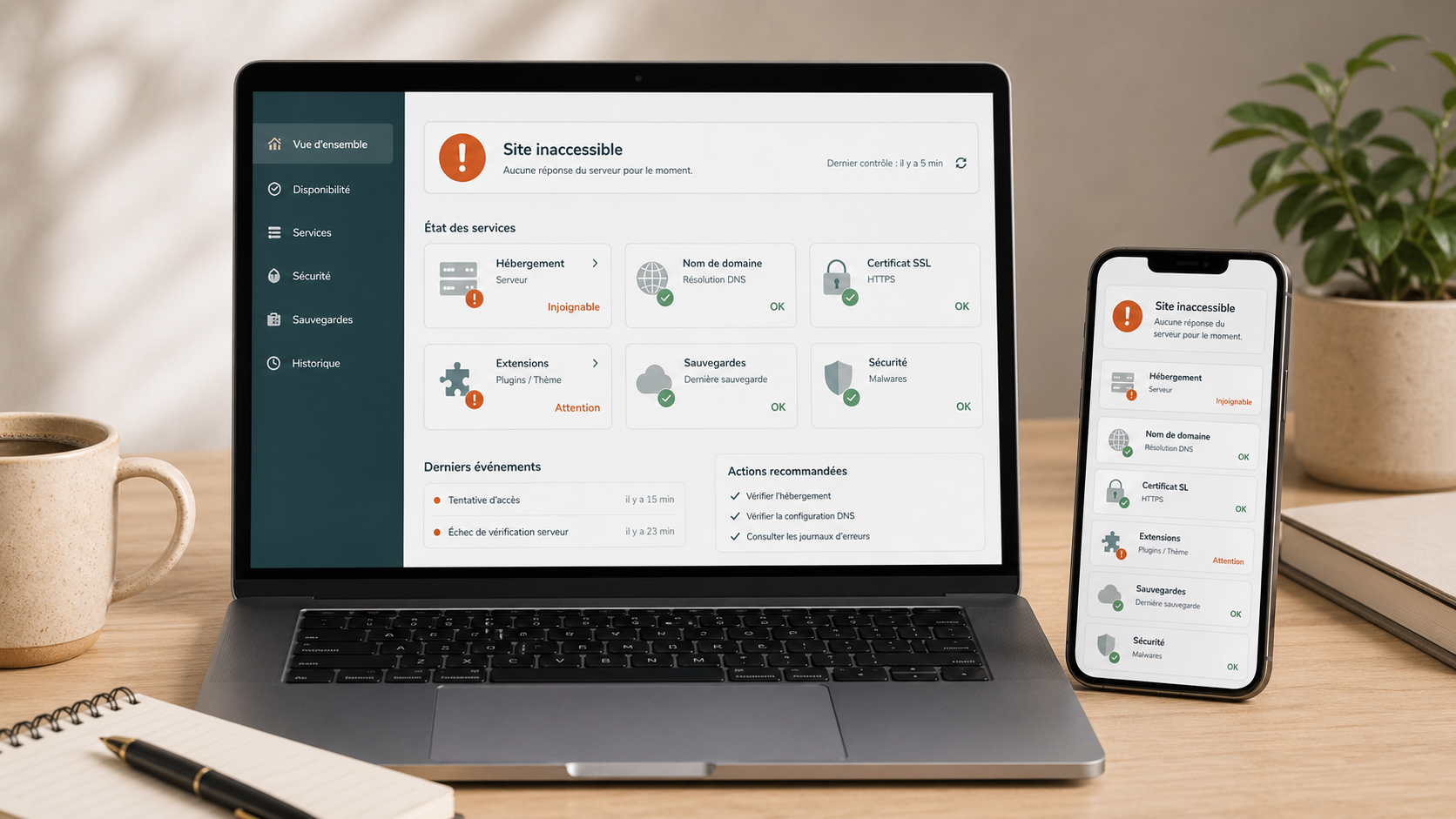Tableau de bord indiquant un site WordPress inaccessible avec alertes d’hébergement, domaine, SSL, extension et sauvegarde.