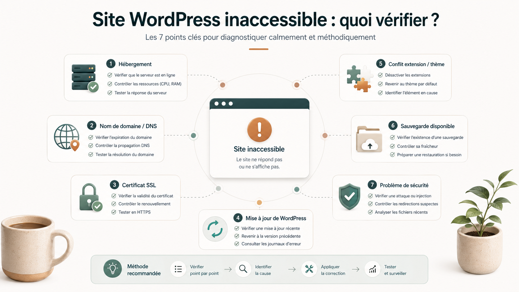 Schéma des vérifications à faire quand un site WordPress est inaccessible : hébergement, domaine, SSL, mise à jour, plugin, sauvegarde et sécurité.