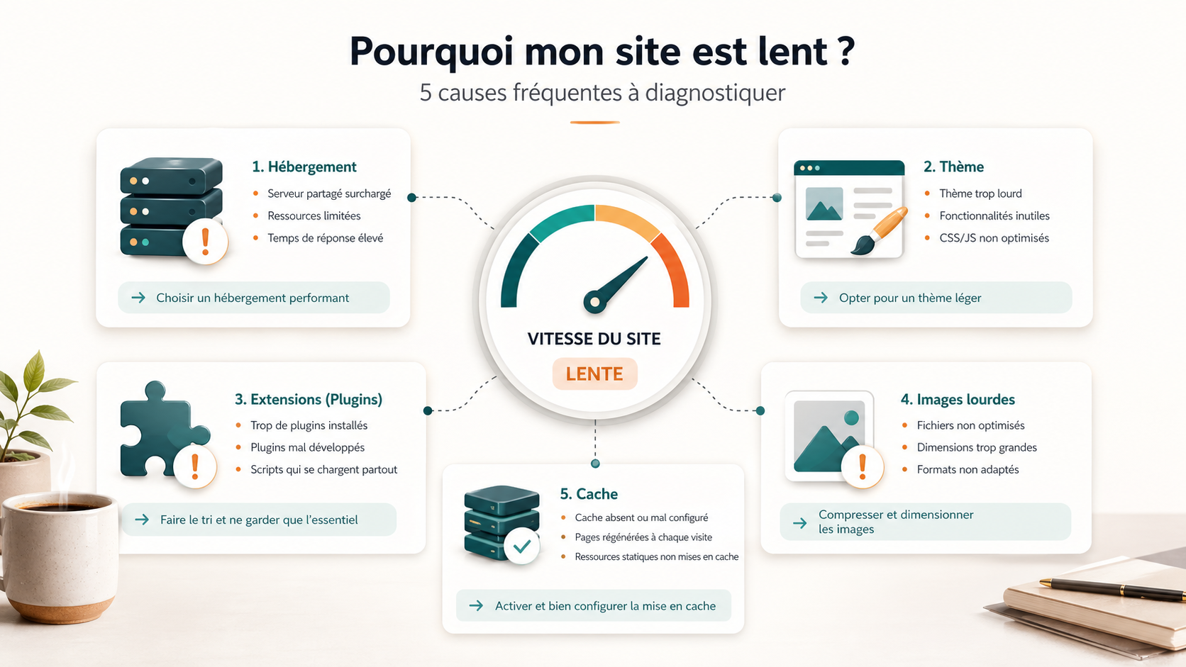 Schéma des causes possibles d’un site WordPress lent : hébergement, thème, extensions, images et cache.