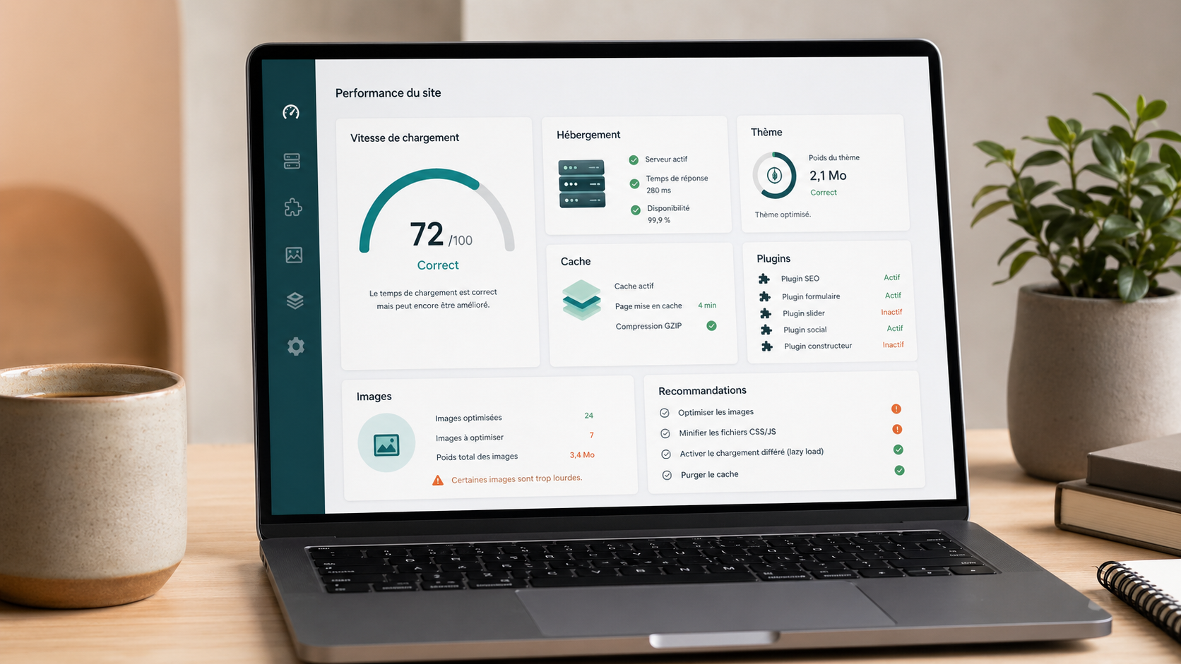 Tableau de bord de performance WordPress avec signaux de lenteur liés à l’hébergement, au thème et aux extensions.