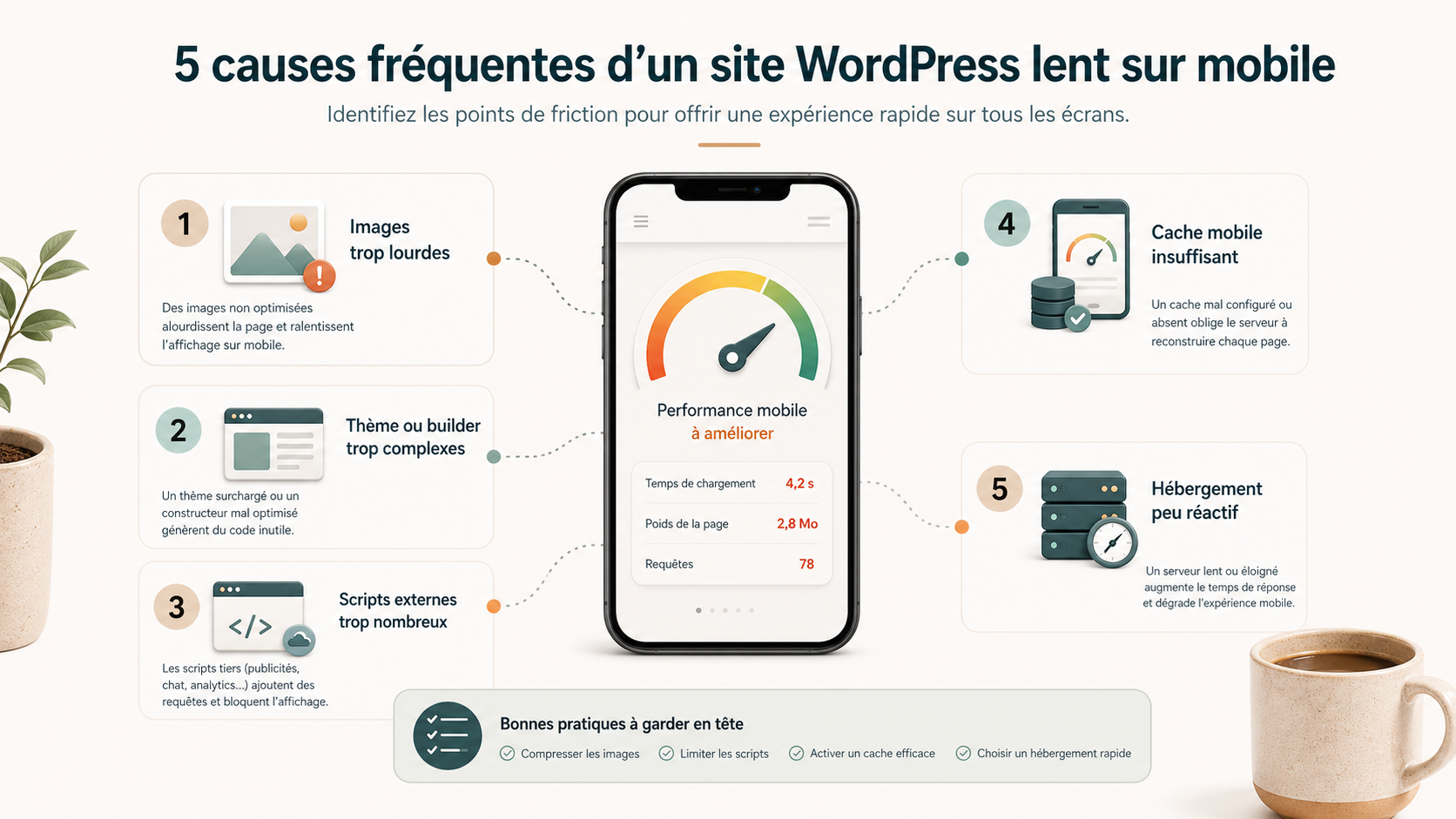 Schéma des causes d’un site WordPress lent sur mobile : images, thème, scripts, cache et hébergement.