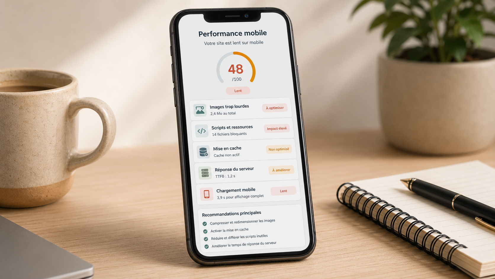 Écran mobile affichant un site WordPress lent avec indicateurs d’images, scripts, cache et hébergement.
