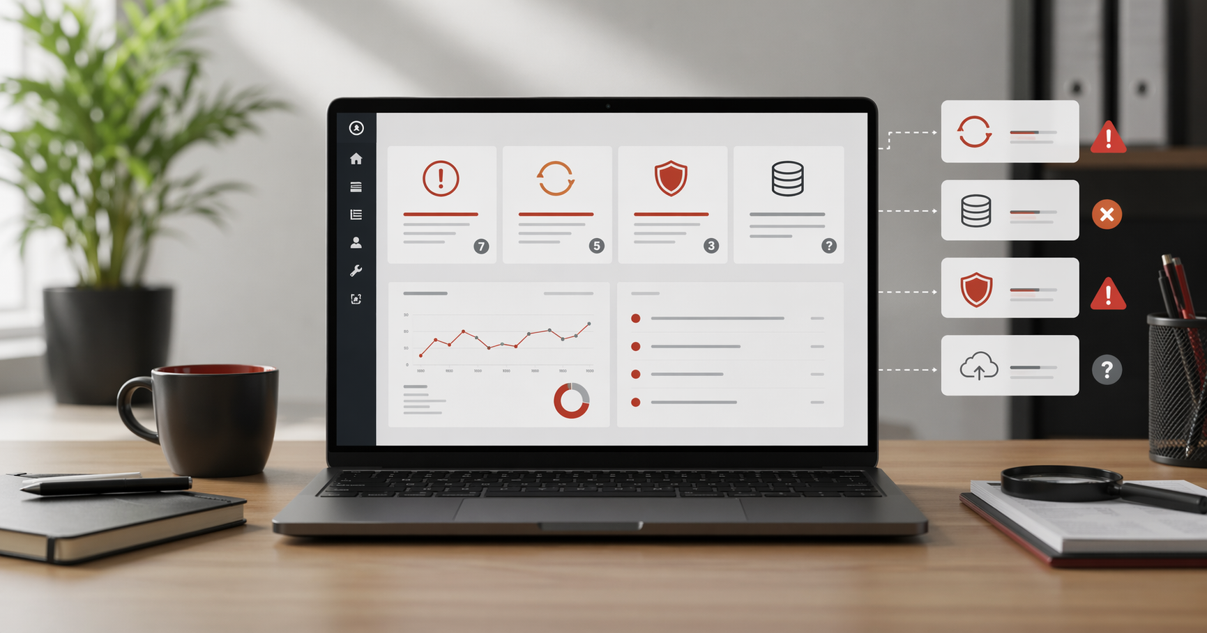 Tableau de bord de site WordPress avec alertes de maintenance, sauvegarde et sécurité.