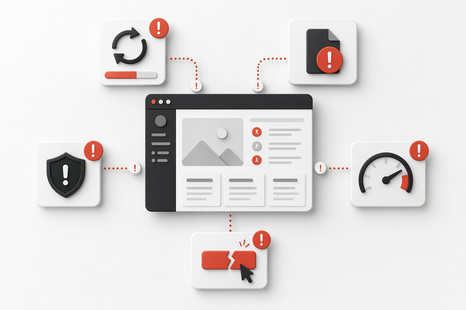 Schéma des risques d’un site WordPress non maintenu : mises à jour, sauvegarde, sécurité, lenteur et bouton cassé.