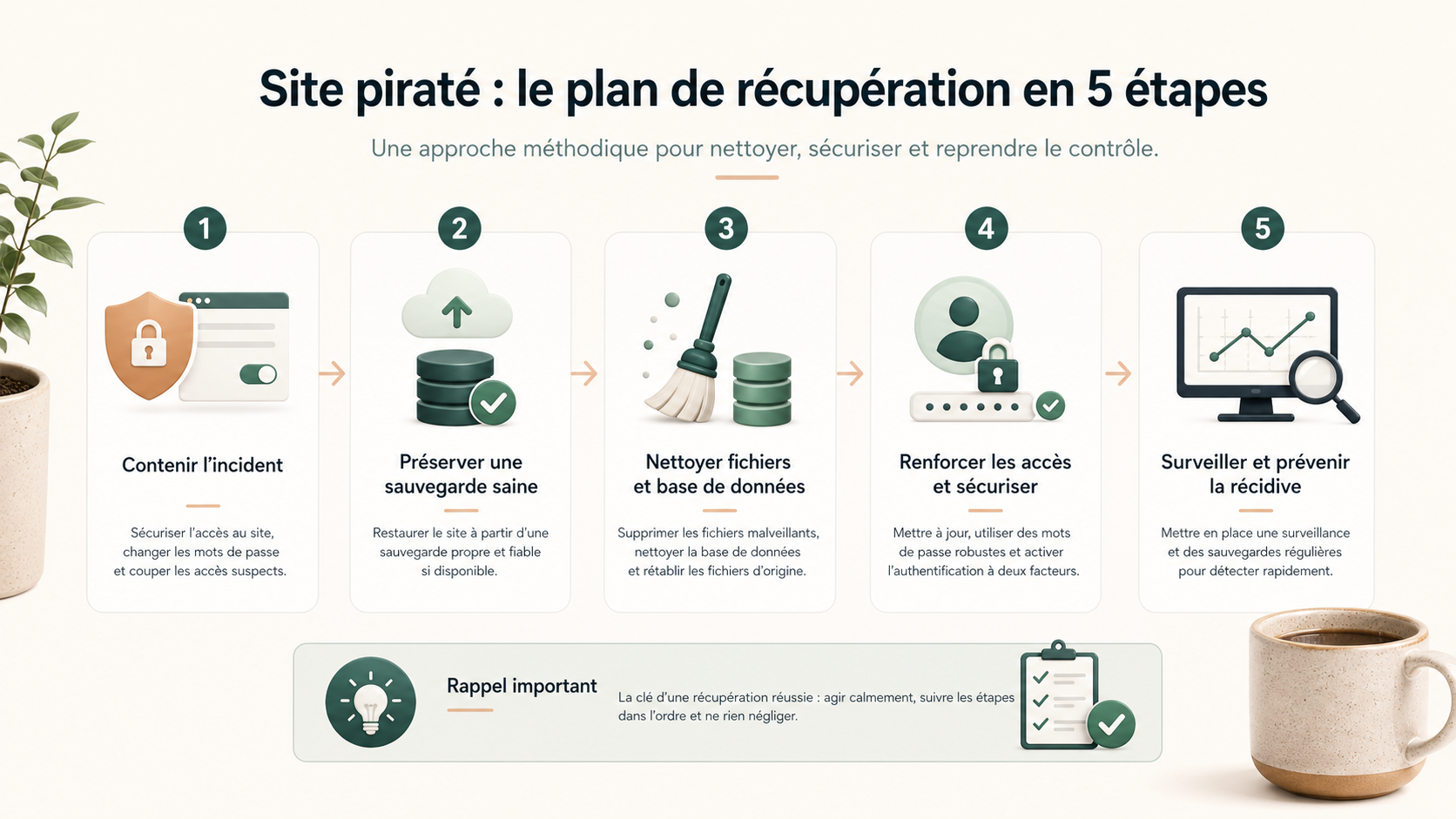 Schéma des étapes pour reprendre un site WordPress piraté : contenir, sauvegarder, nettoyer, sécuriser et surveiller.