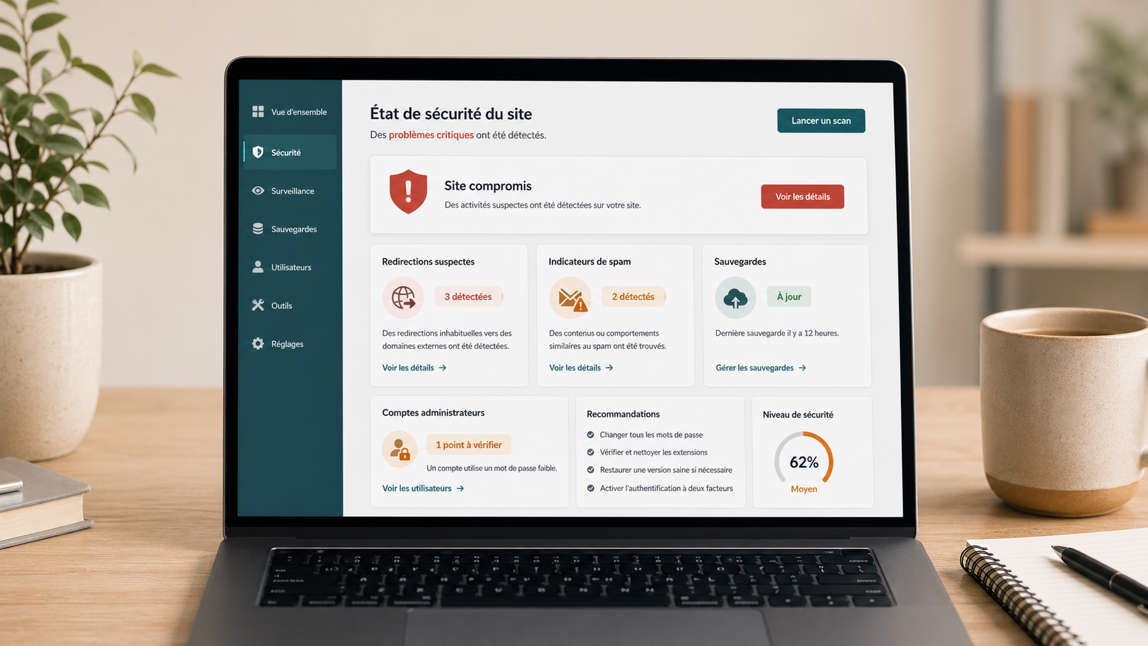 Écran de site WordPress avec alerte de sécurité, redirections suspectes et indicateurs de sauvegarde.