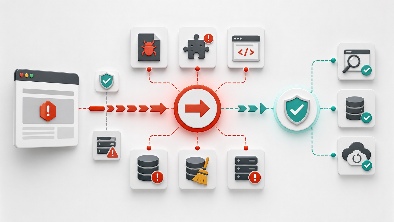Schéma des causes possibles d’une redirection WordPress suspecte : fichier, plugin, base de données, cache, serveur et nettoyage.