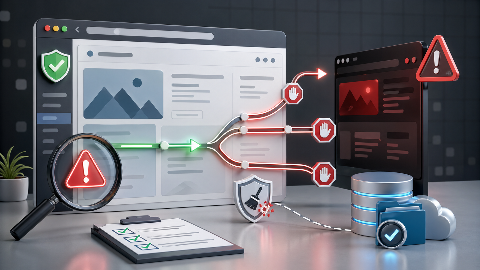 Site WordPress redirigé vers une destination externe suspecte avec indicateurs de sécurité et diagnostic.