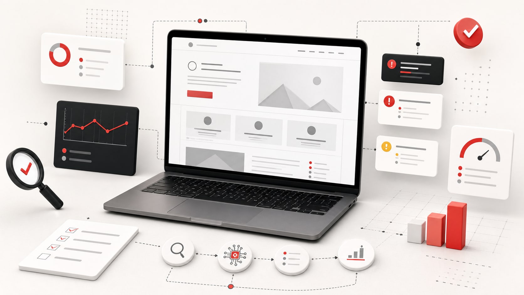 Audit de site internet assisté par IA avec ordinateur, cartes de diagnostic, indicateurs de priorité et éléments d'analyse.