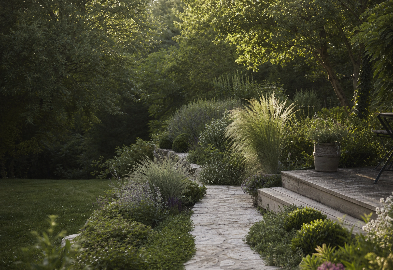 Jardin paysager avec chemin de pierre et plantations