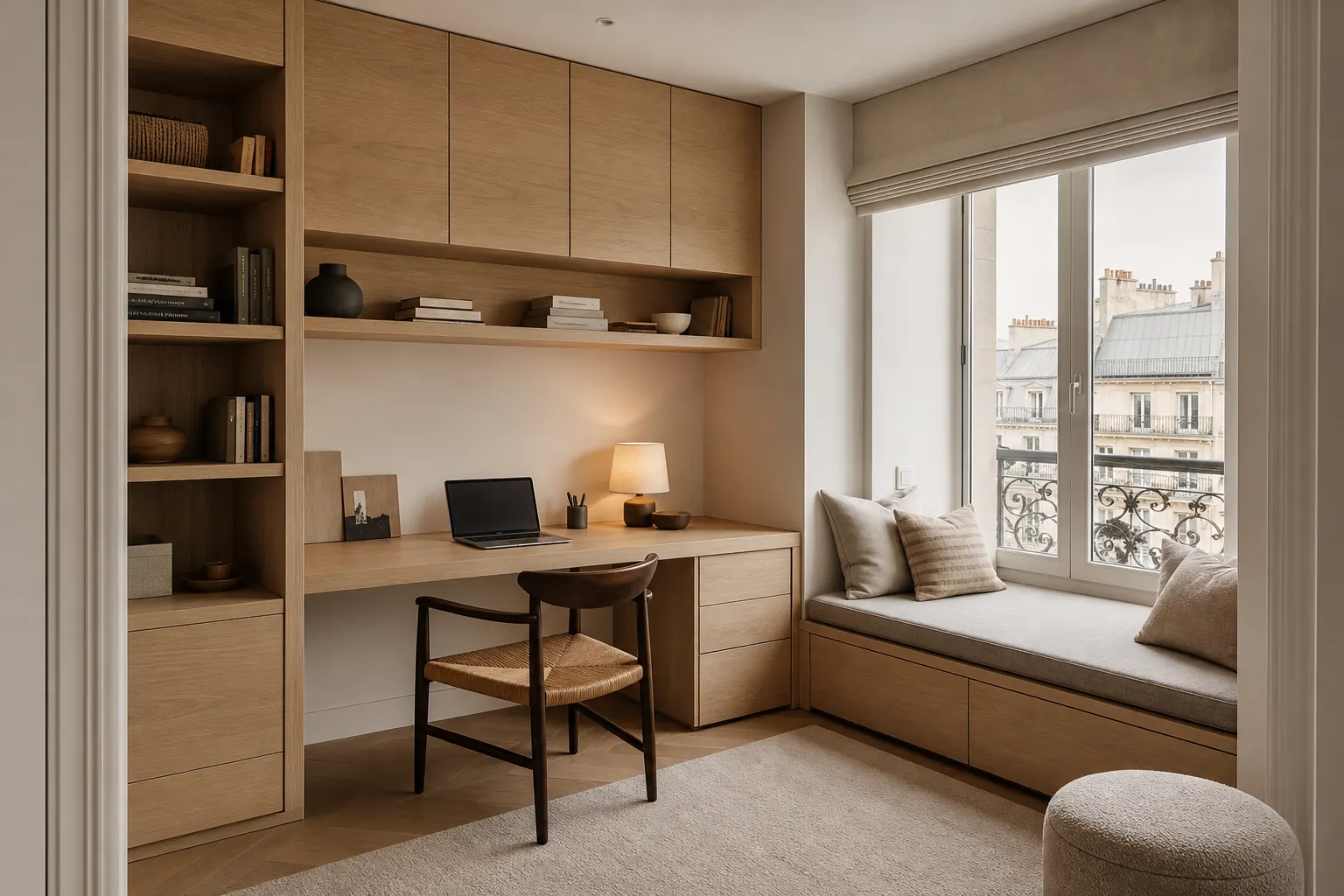 Bureau et banquette sur mesure autour d’une fenêtre