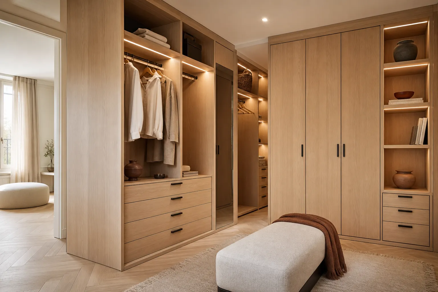 Dressing en chêne clair avec éclairage intégré