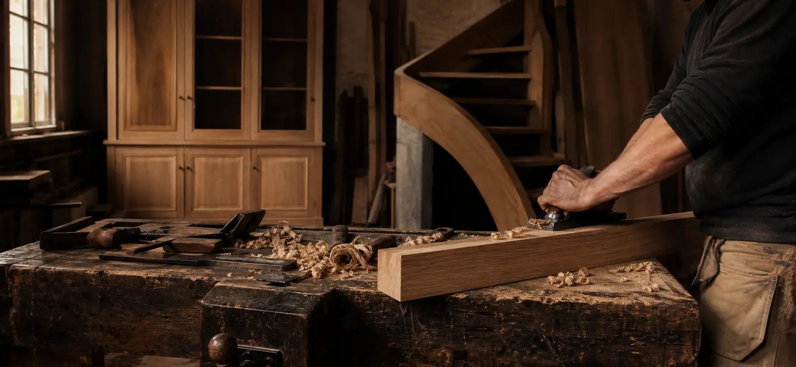 Atelier de menuiserie travaillant le chêne