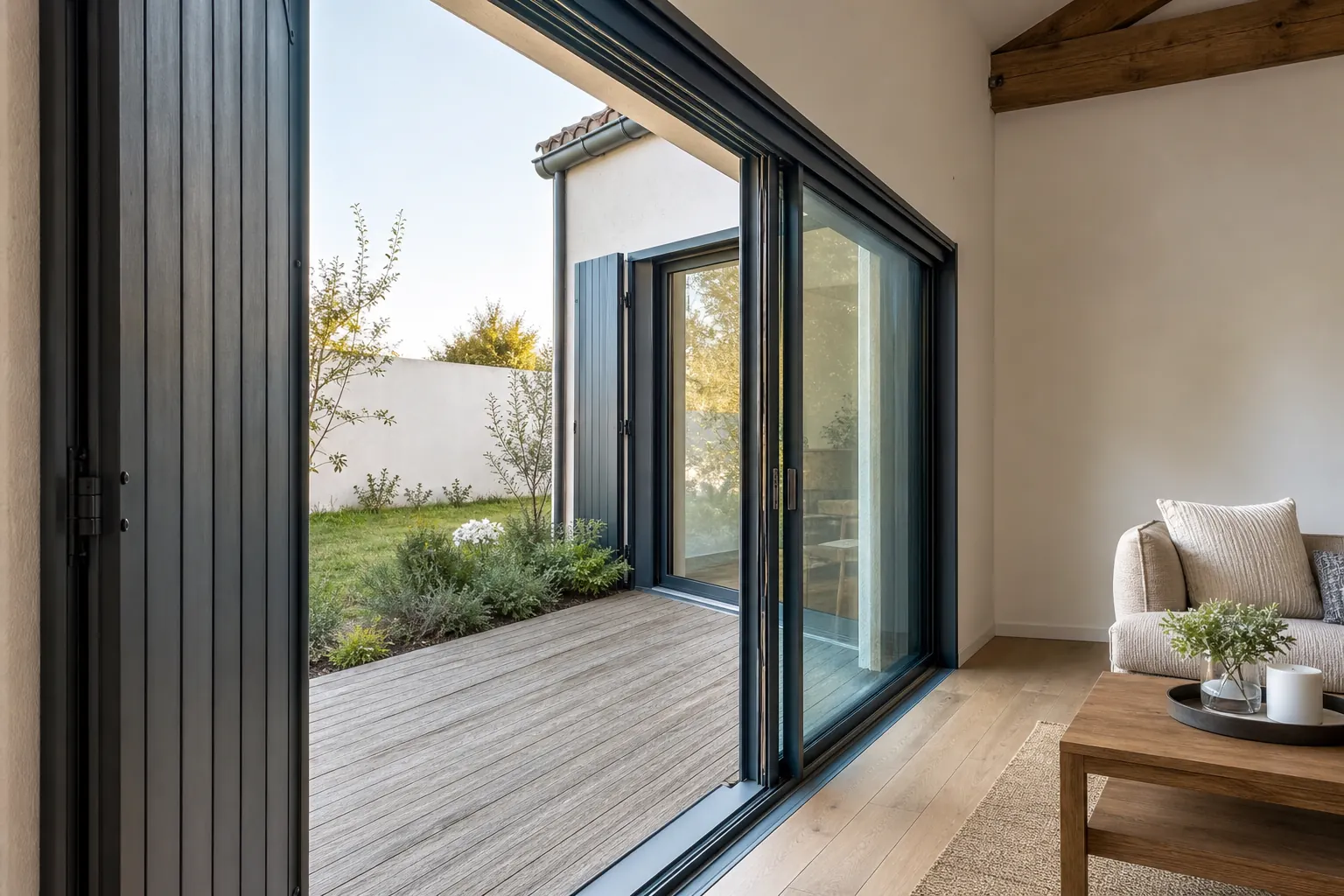 Baies coulissantes aluminium ouvertes sur une terrasse