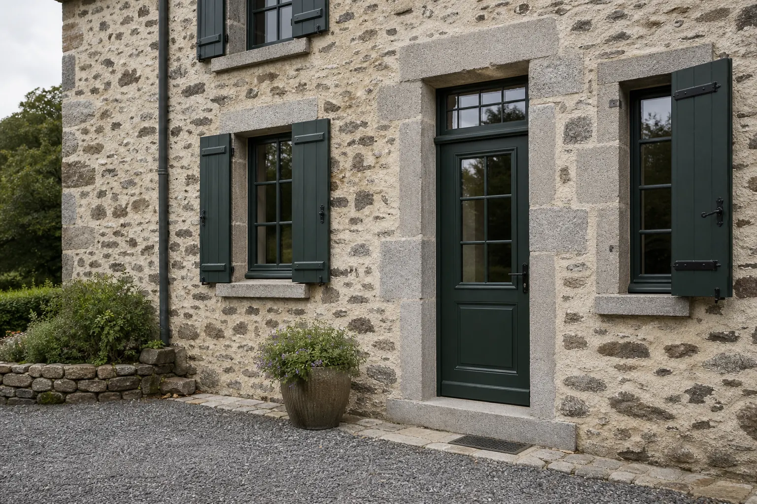 Porte et fenêtres vert sombre posées dans une façade en pierre