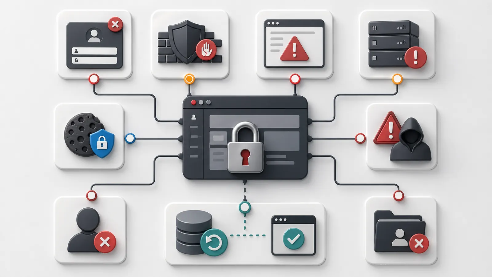 Diagram of possible causes of an impossible WordPress admin access: account, security, PHP, SSL, cookie, hacking and hosting.