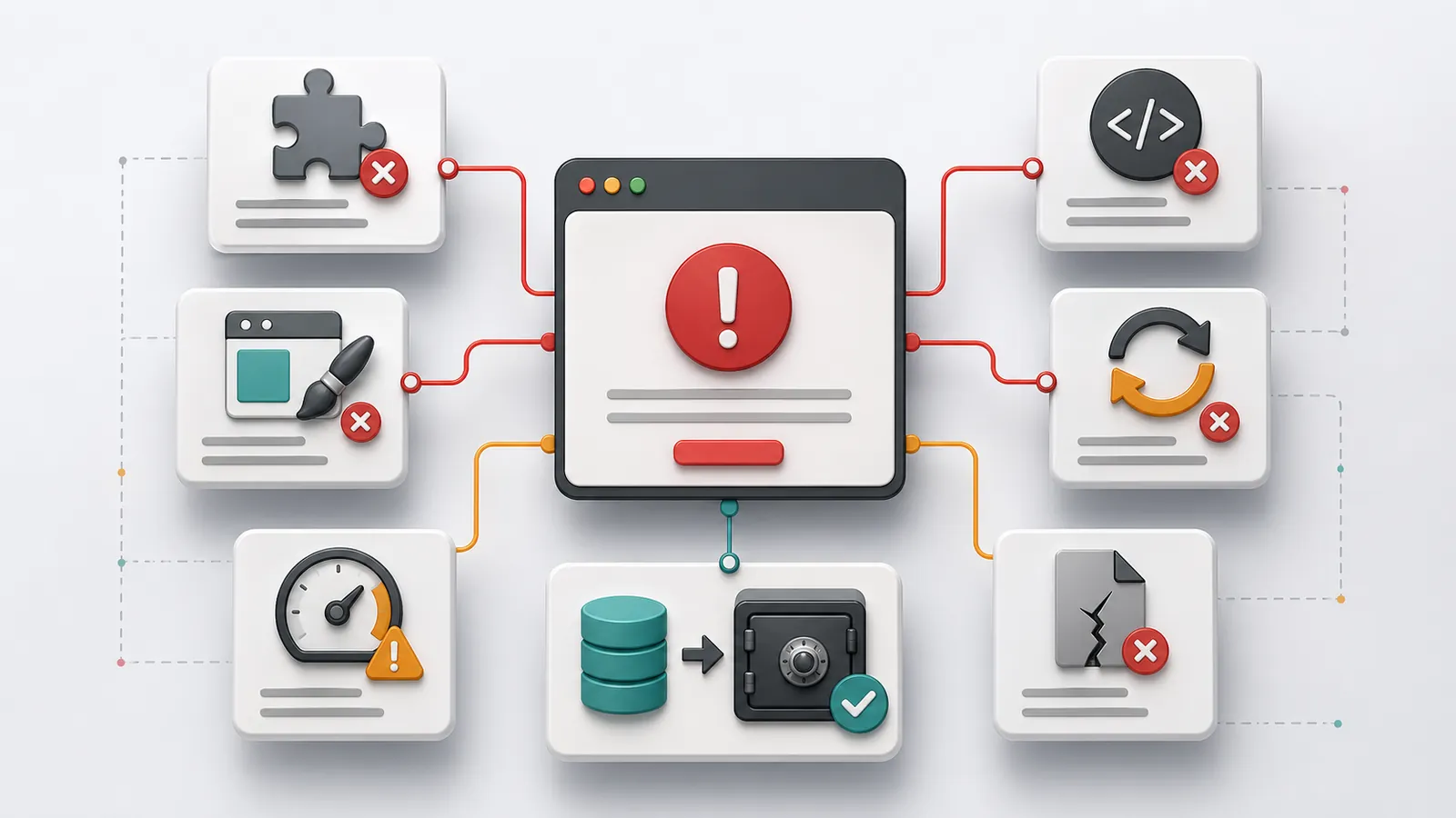 Diagram of possible causes of a WordPress critical error: plugin, theme, PHP, update, memory, file and backup.