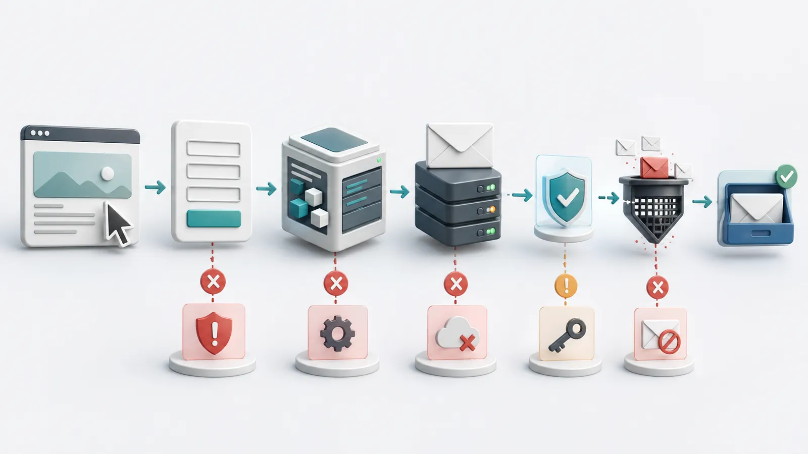 Schematic of the route of a WordPress form message between visitor, site, hosting, email filtering and inbox.