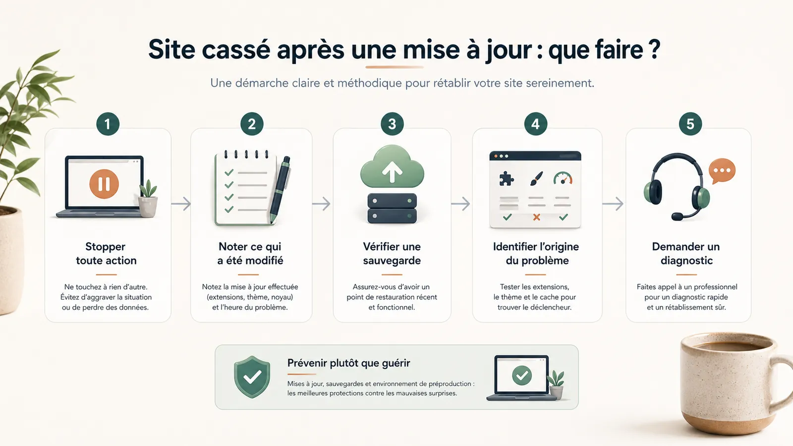 Schematic of actions to follow after a WordPress update that breaks a site: stop, check, save, diagnose.