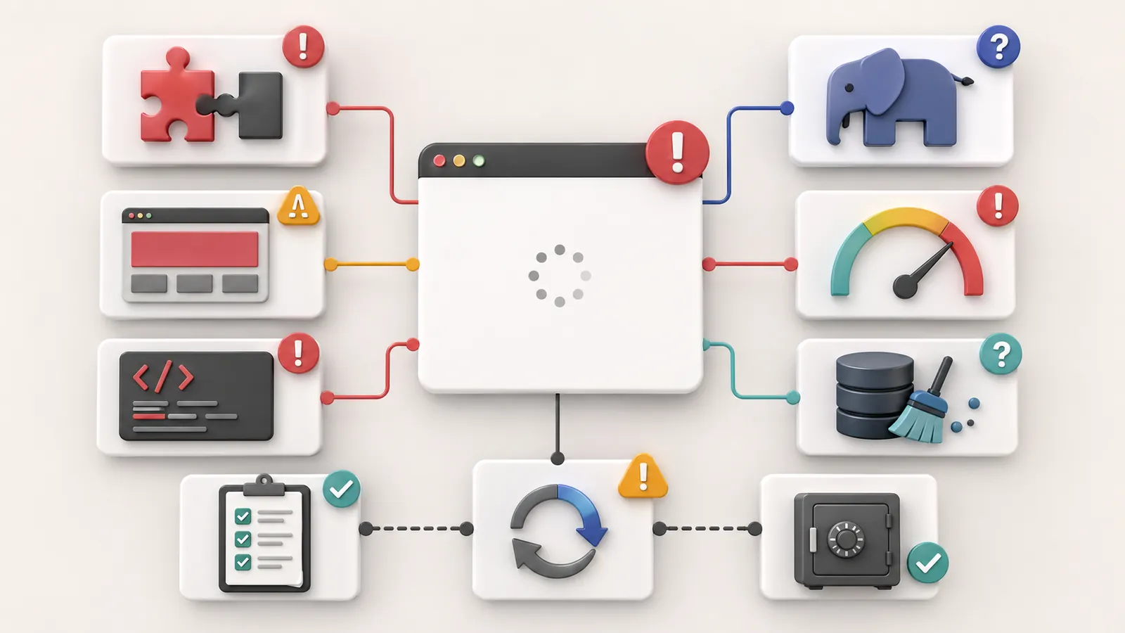 Diagram of possible causes of a WordPress blank page: plugin, theme, PHP, memory, cache, update and backup.