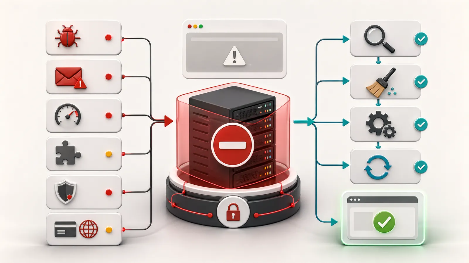 Schematic of possible causes of a WordPress site blocked by the hosting provider: malware, spam, resources, plugin, security and restoration.