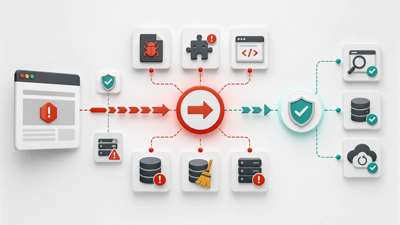 Diagram of possible causes of a suspicious WordPress redirection: file, plugin, database, cache, server and cleaning.